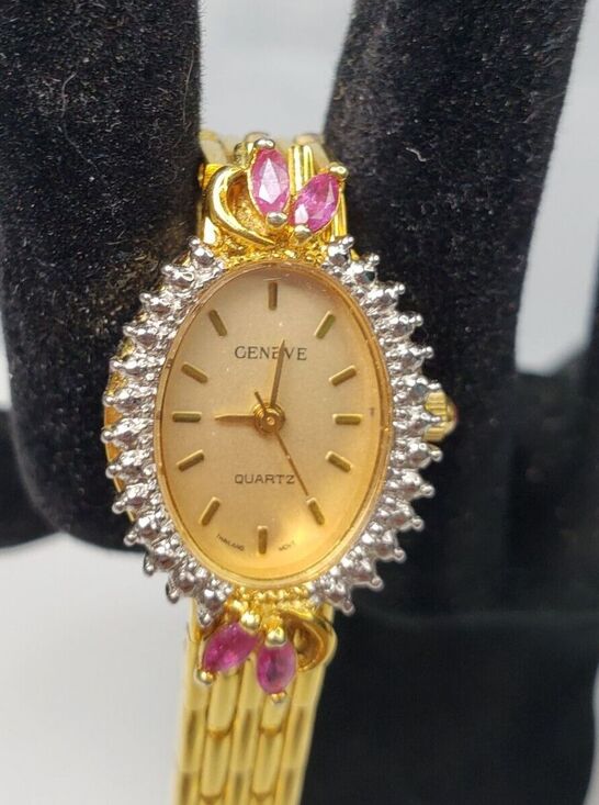 Vtg1960s Geneve Quartz Thailand Movement Gold Womens Oval Watch Rubies Hong Kong main image 16